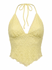 Ghost mannequin product image of a lemon TIE NECK OPEN BACK POINTED HEM LACE OVERLAY TOP on a white background.