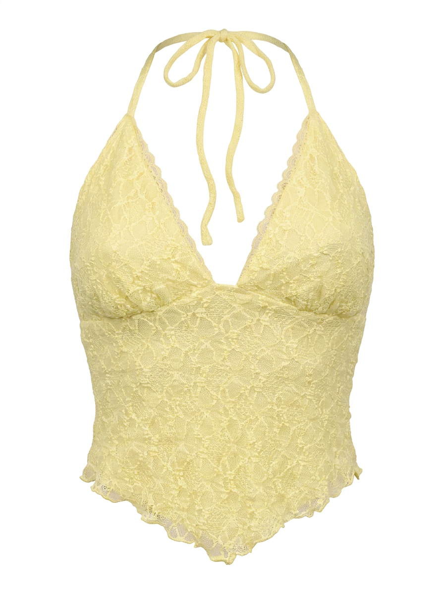Ghost mannequin product image of a lemon TIE NECK OPEN BACK POINTED HEM LACE OVERLAY TOP on a white background.