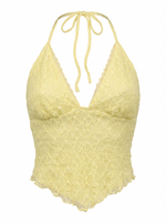 Ghost mannequin product image of a lemon TIE NECK OPEN BACK POINTED HEM LACE OVERLAY TOP on a white background.
