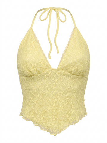 Ghost mannequin product image of a lemon TIE NECK OPEN BACK POINTED HEM LACE OVERLAY TOP on a white background.