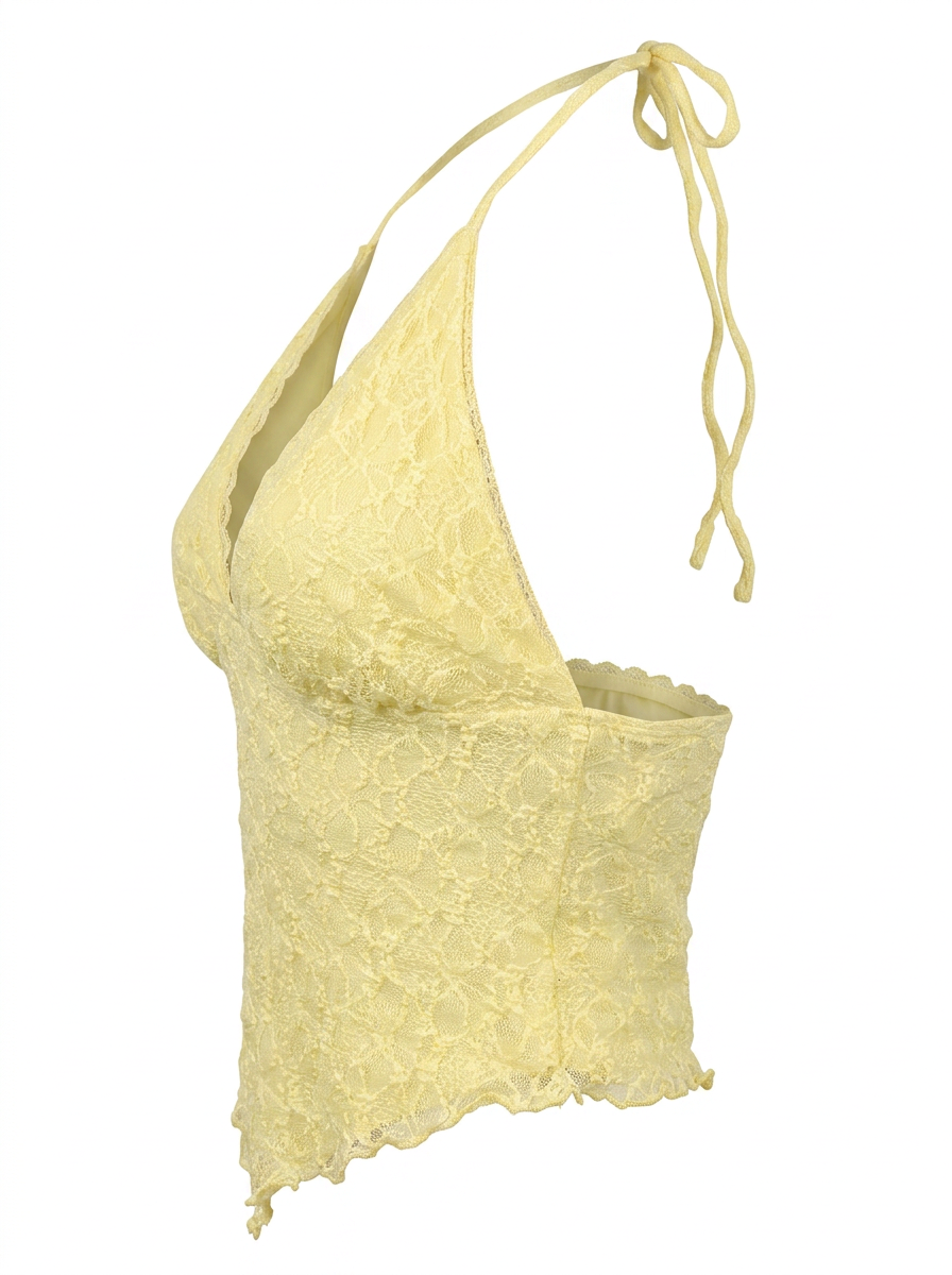 Ghost mannequin product image of a lemon TIE NECK OPEN BACK POINTED HEM LACE OVERLAY TOP on a white background.