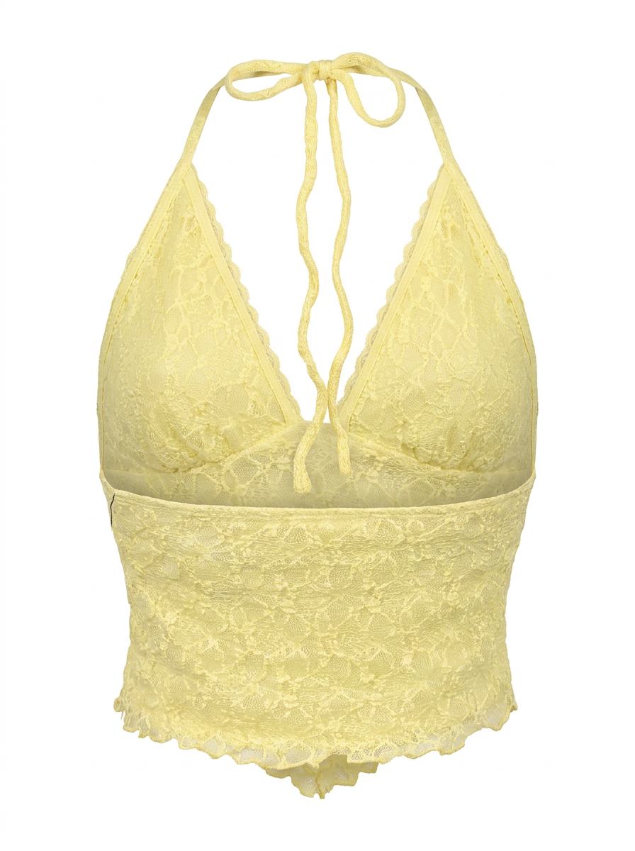 Ghost mannequin product image of a lemon TIE NECK OPEN BACK POINTED HEM LACE OVERLAY TOP on a white background.