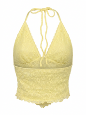 Ghost mannequin product image of a lemon TIE NECK OPEN BACK POINTED HEM LACE OVERLAY TOP on a white background.