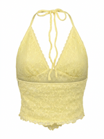 Ghost mannequin product image of a lemon TIE NECK OPEN BACK POINTED HEM LACE OVERLAY TOP on a white background.