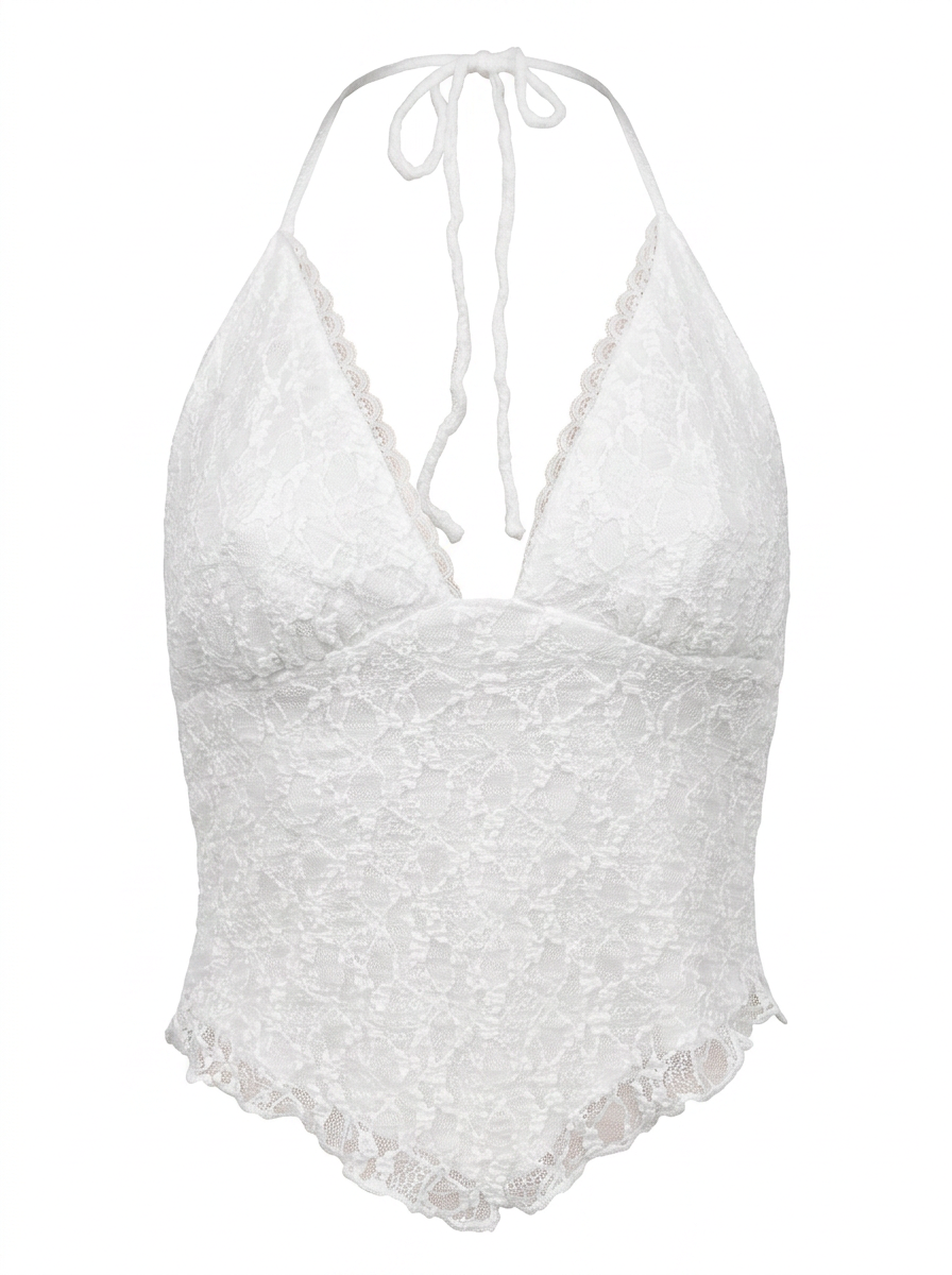 Ghost mannequin product image of a white TIE NECK OPEN BACK POINTED HEM LACE OVERLAY TOP on a white background.