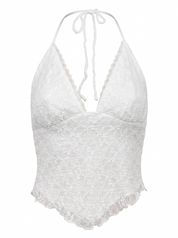 Ghost mannequin product image of a white TIE NECK OPEN BACK POINTED HEM LACE OVERLAY TOP on a white background.