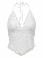 Ghost mannequin product image of a white TIE NECK OPEN BACK POINTED HEM LACE OVERLAY TOP on a white background.