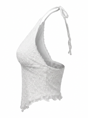 Ghost mannequin product image of a white TIE NECK OPEN BACK POINTED HEM LACE OVERLAY TOP on a white background.