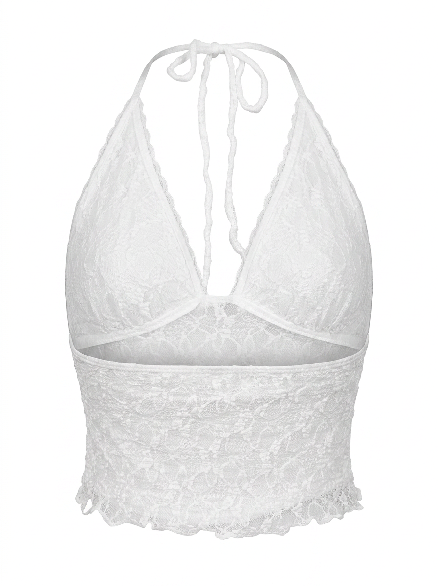 Ghost mannequin product image of a white TIE NECK OPEN BACK POINTED HEM LACE OVERLAY TOP on a white background.