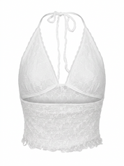 Ghost mannequin product image of a white TIE NECK OPEN BACK POINTED HEM LACE OVERLAY TOP on a white background.