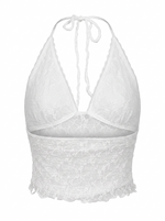 Ghost mannequin product image of a white TIE NECK OPEN BACK POINTED HEM LACE OVERLAY TOP on a white background.