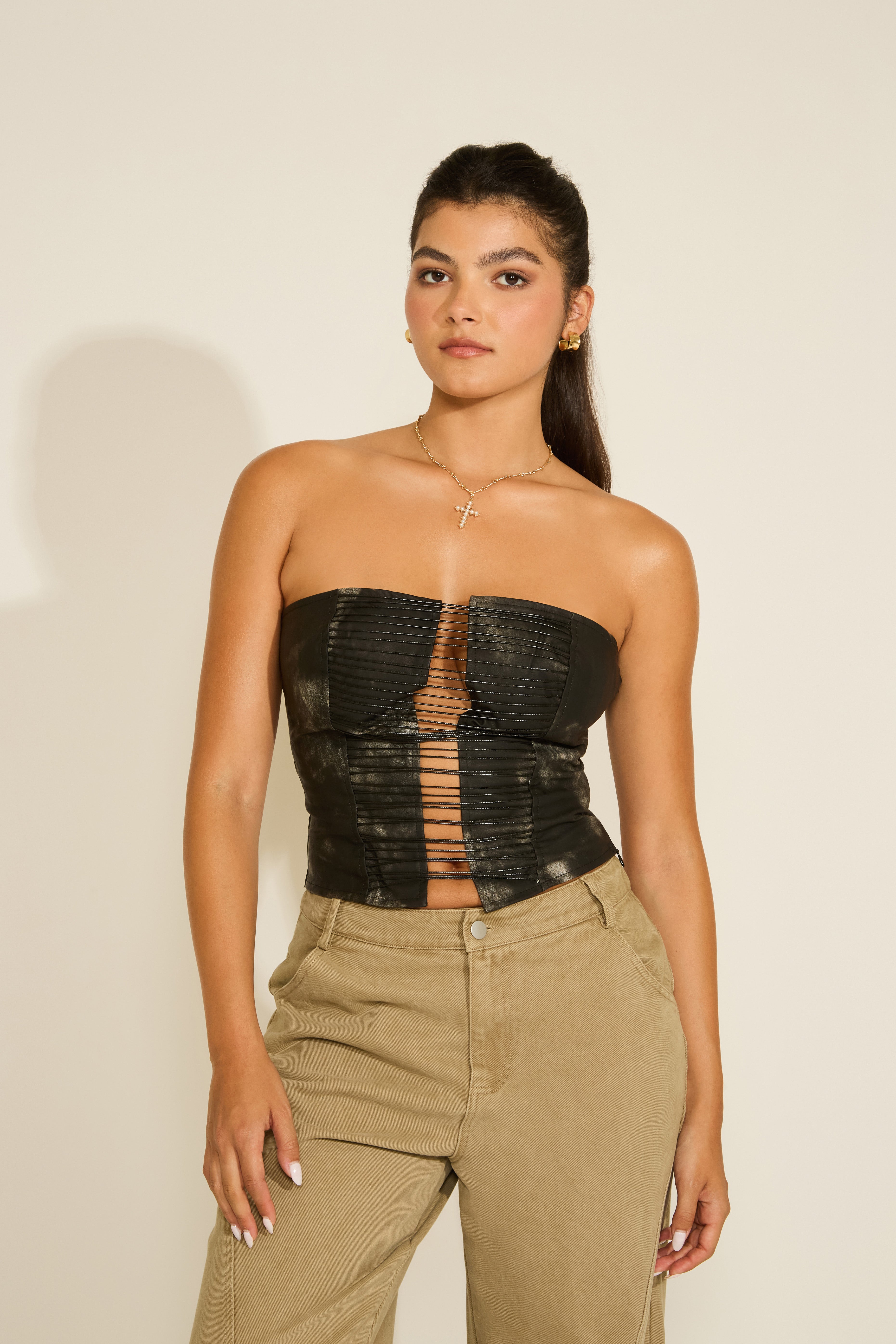STRAPLESS WORN LOOK VEGAN LEATHER TOP WITH STRAPS