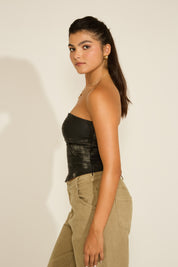 STRAPLESS WORN LOOK VEGAN LEATHER TOP WITH STRAPS