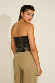 STRAPLESS WORN LOOK VEGAN LEATHER TOP WITH STRAPS