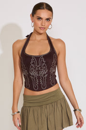 WESTERN EMBROIDERED SUEDE HALTER TOP