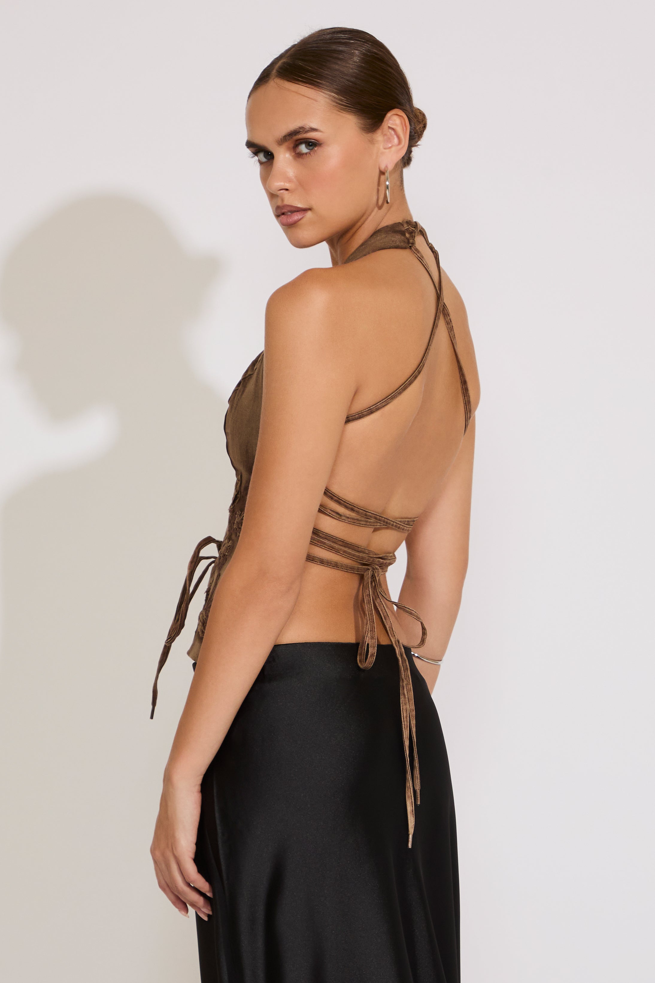 FLORAL EMBROIDERED LACE UP HALTER TOP