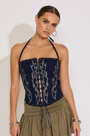 STRETCH DENIM EMBROIDERED WESTERN CORSET TOP