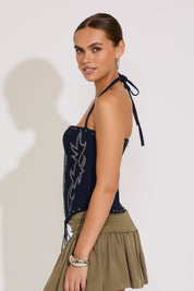 STRETCH DENIM EMBROIDERED WESTERN CORSET TOP