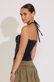 STRETCH DENIM EMBROIDERED WESTERN CORSET TOP