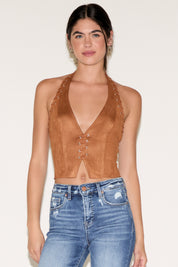 VEGAN LEATHER HALTER V NECK TOP WITH LEATHER LACING