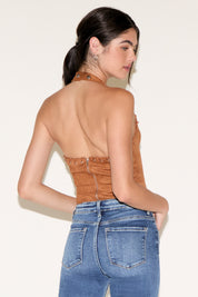 VEGAN LEATHER HALTER V NECK TOP WITH LEATHER LACING