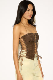 STRAPLESS VEGAN LEATHER TOP WITH SUEDE CORSET TIES