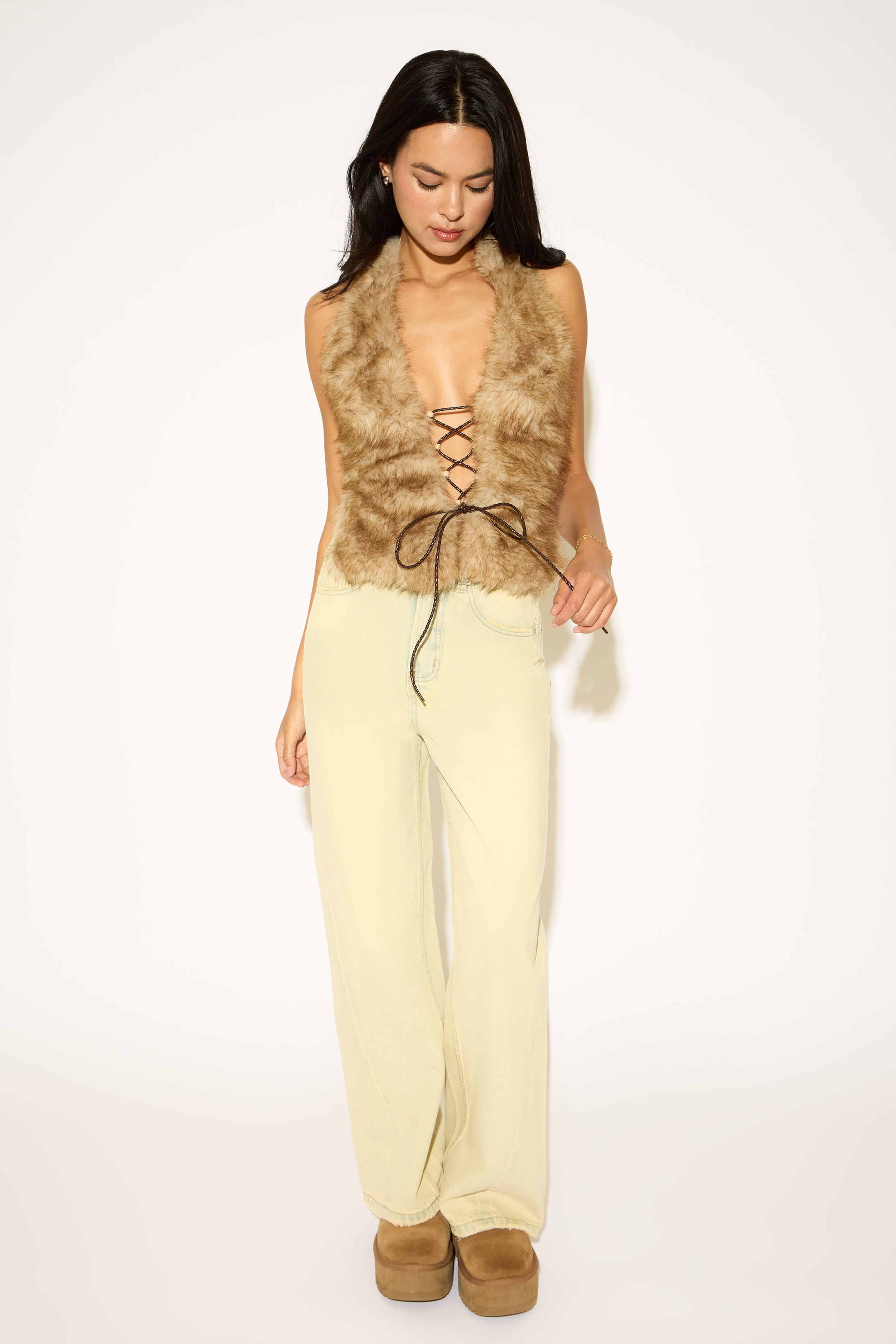 CROSS TIE BACK FAUX FUR SLEEVELESS TOP