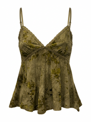 Ghost mannequin product image of a GREEN FLORAL LACE TRIM ADJUSTABLE STRAP BABYDOLL TOP on a white background.