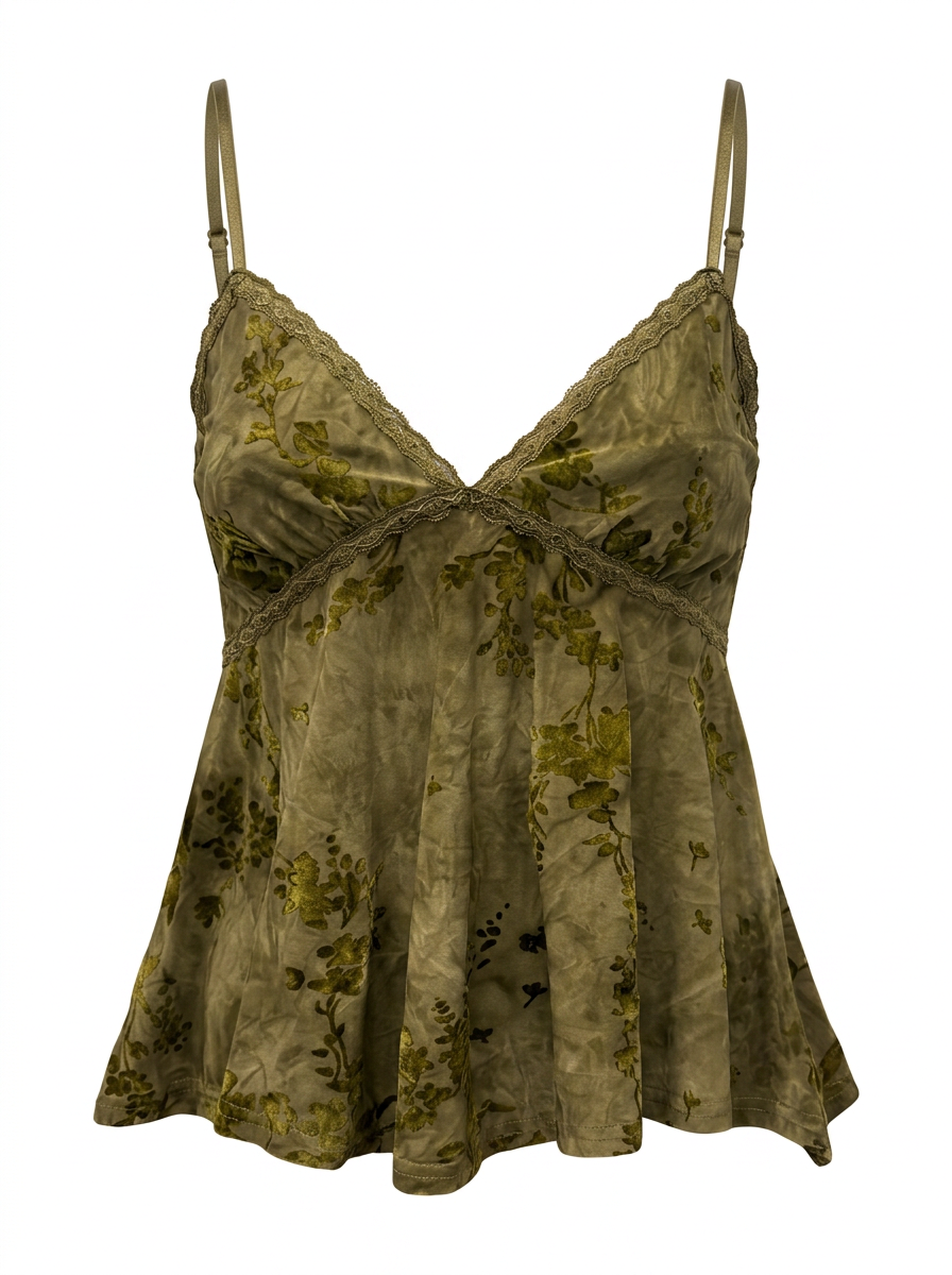  Ghost mannequin product image of a GREEN FLORAL LACE TRIM ADJUSTABLE STRAP BABYDOLL TOP on a white background.