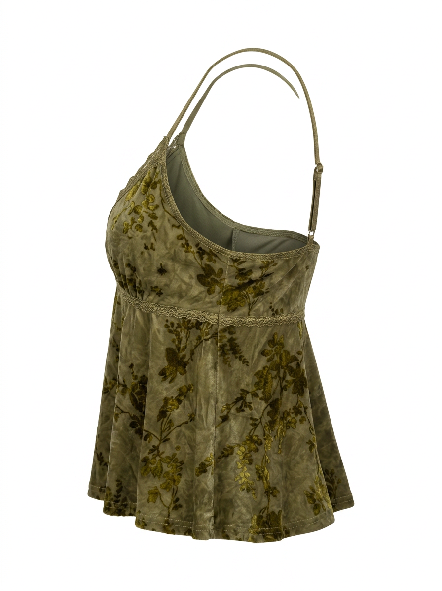  Ghost mannequin product image of a GREEN FLORAL LACE TRIM ADJUSTABLE STRAP BABYDOLL TOP on a white background.
