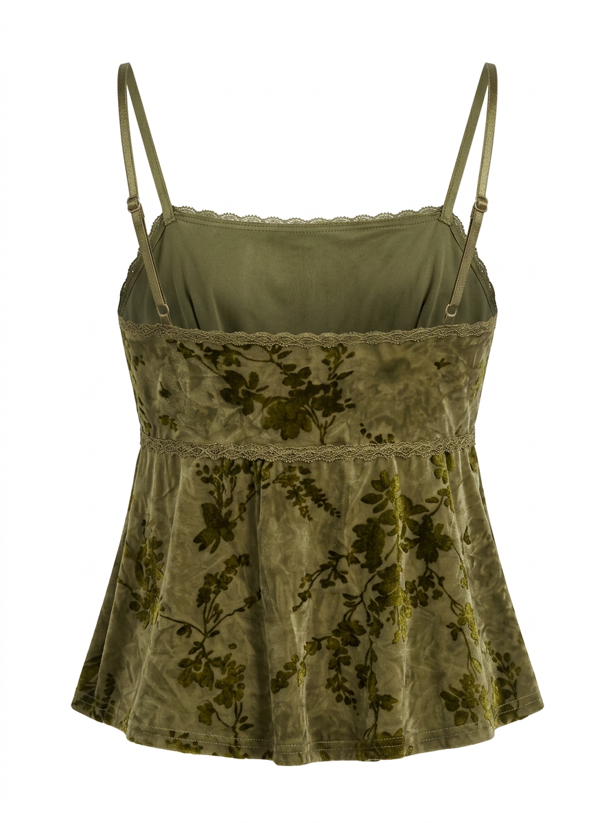  Ghost mannequin product image of a GREEN FLORAL LACE TRIM ADJUSTABLE STRAP BABYDOLL TOP on a white background.