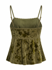  Ghost mannequin product image of a GREEN FLORAL LACE TRIM ADJUSTABLE STRAP BABYDOLL TOP on a white background.