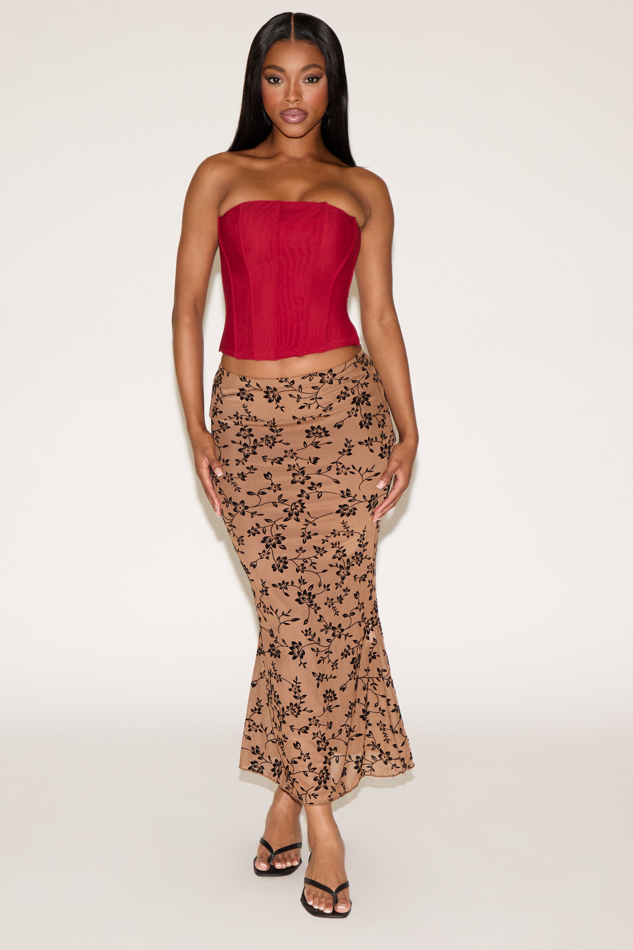 FLORAL BURNOUT OVERLAY MERMAID MAXI SKIRT