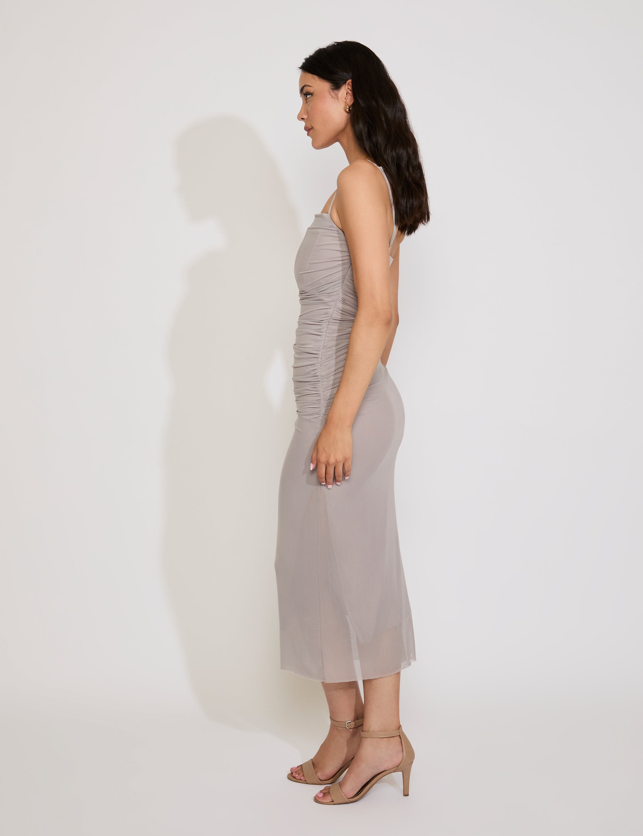 SPAGHETTI STRAP MESH DRAPING OPEN BACK MAXI DRESS