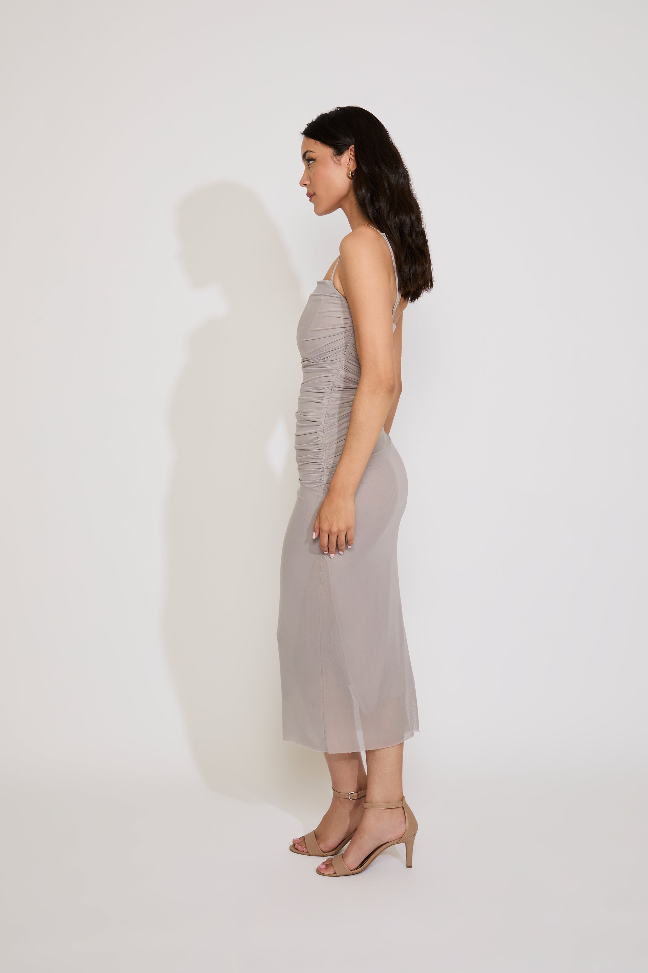 SPAGHETTI STRAP MESH DRAPING OPEN BACK MAXI DRESS