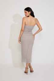 SPAGHETTI STRAP MESH DRAPING OPEN BACK MAXI DRESS