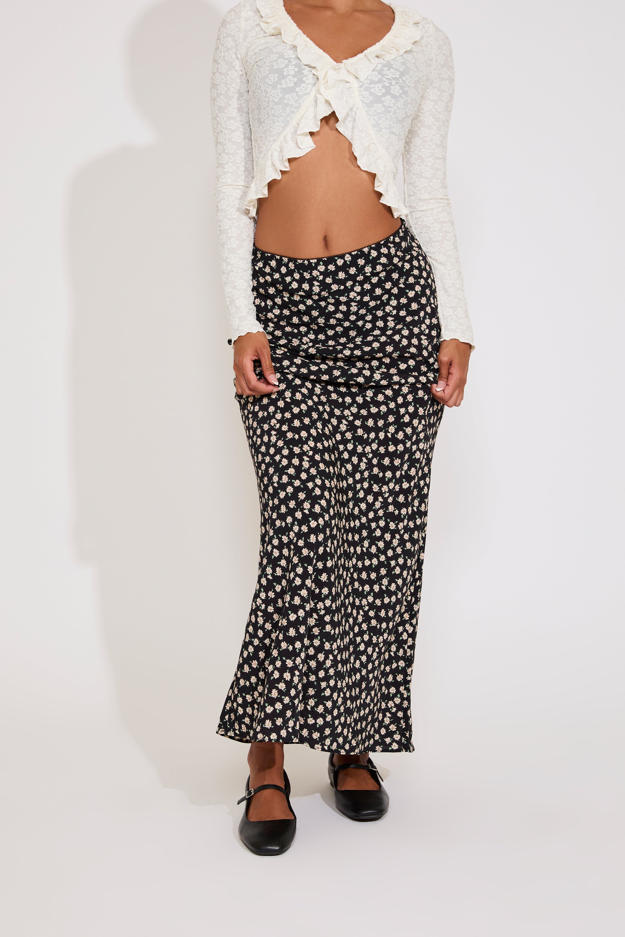 DITSY FLORAL PRINT LACE TRIM MAXI SKIRT