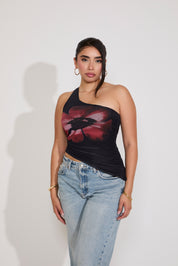 MESH FLOWER PRINT ONE SHOULDER ASYMMETRICAL TOP