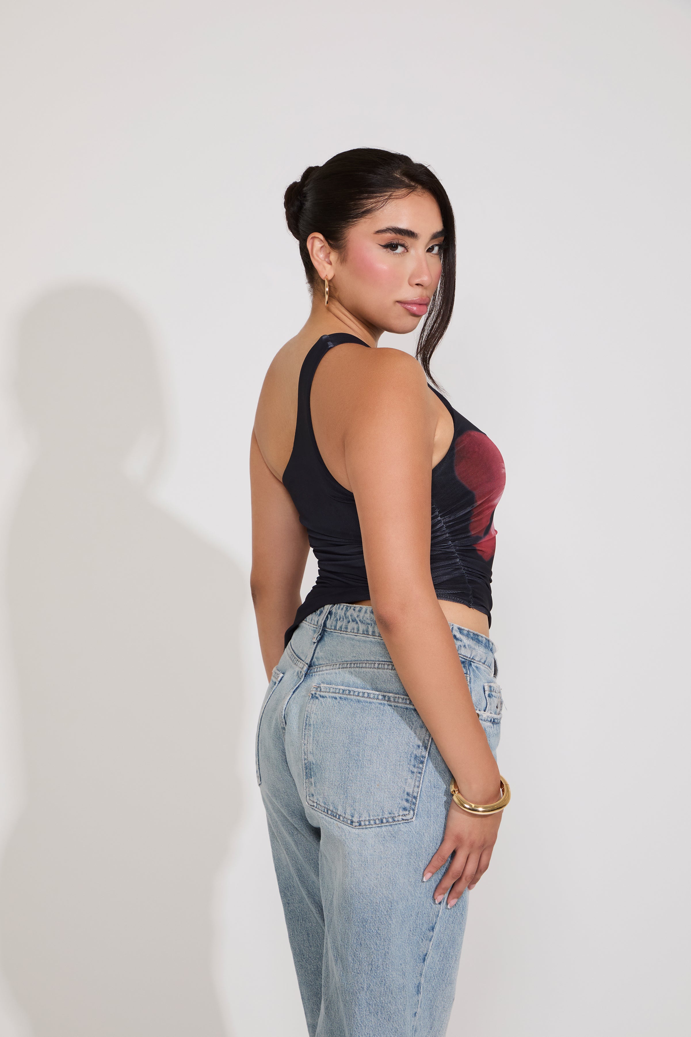 MESH FLOWER PRINT ONE SHOULDER ASYMMETRICAL TOP
