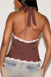POLKA DOT LACE TRIM HALTER TOP