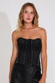 STRAPLESS LACE & ZIPPER DETAIL EMBROIDERED CORSET TOP