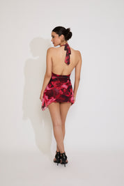 FLORAL PRINTED MESH HALTER MINI DRESS