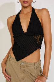 DEEP V NECK LACE TRIM HALTER TOP