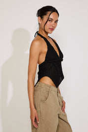 DEEP V NECK LACE TRIM HALTER TOP