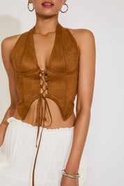 SUEDE DEEP V NECK OPEN BACK HALTER CROP TOP