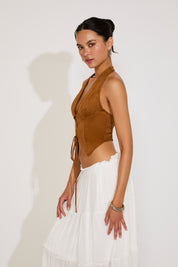SUEDE DEEP V NECK OPEN BACK HALTER CROP TOP