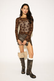 FLORAL FLOCKED SHEER MESH LONG SLEEVE TOP