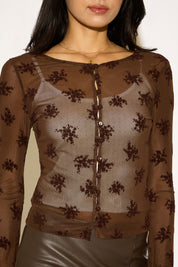 FLORAL FLOCKED SHEER MESH LONG SLEEVE TOP