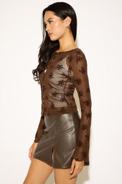 FLORAL FLOCKED SHEER MESH LONG SLEEVE TOP