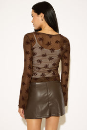 FLORAL FLOCKED SHEER MESH LONG SLEEVE TOP